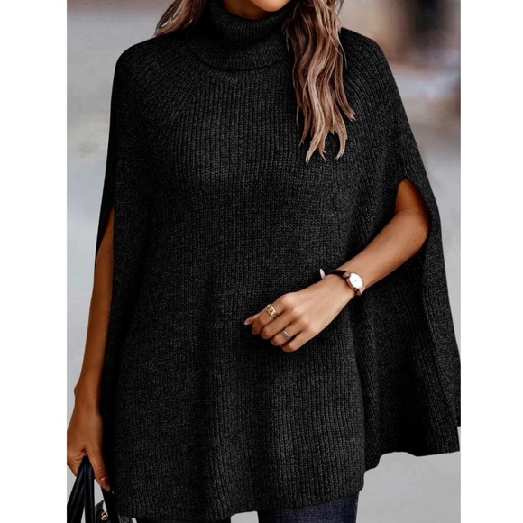 Black Knit Turtleneck Poncho Cloak Sleeveless Sweater - Picture 3 of 15